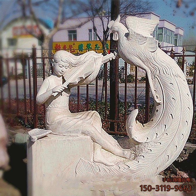 女孩与凤凰汉白玉石雕雕塑