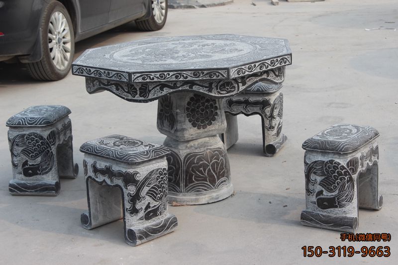 仿古桌凳_厂家定制青石雕花桌椅板凳雕塑
