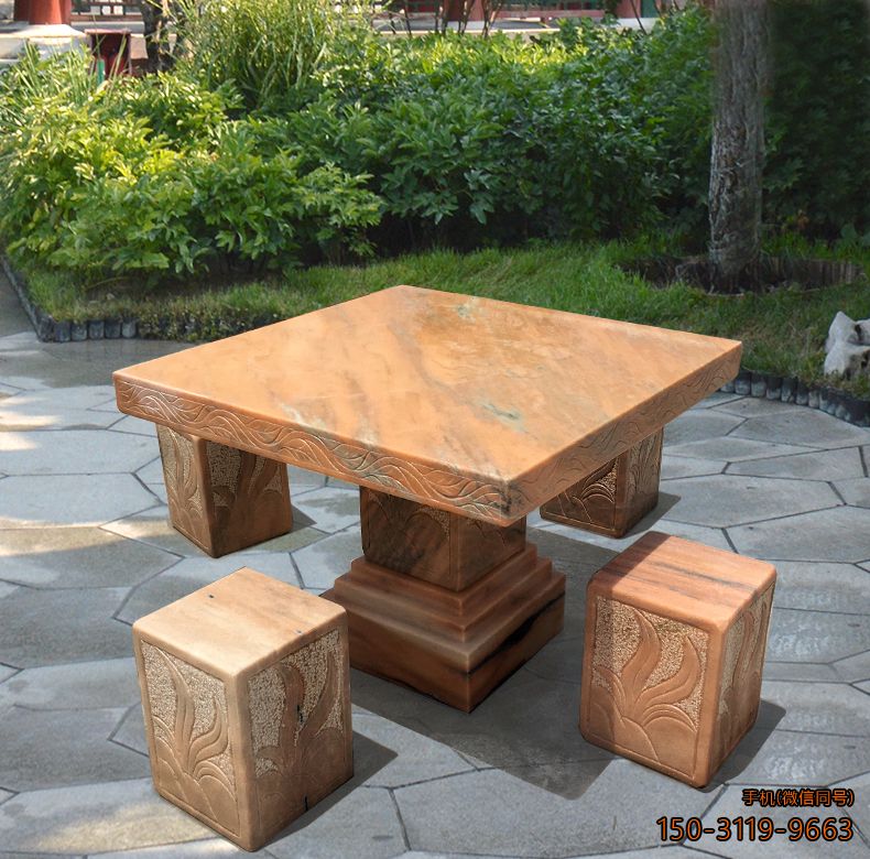 方形石桌凳_晚霞红简约方桌凳雕塑