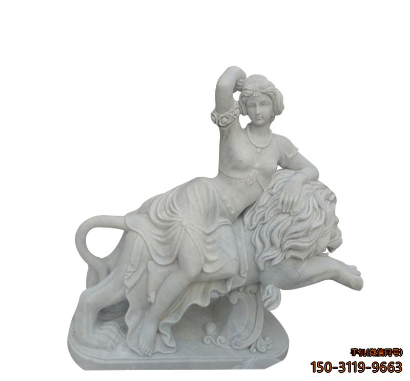 骑狮子的女人_城市汉白玉人物景观雕塑