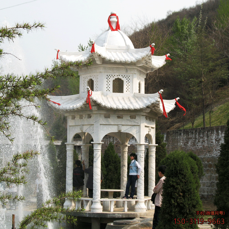 汉白玉双层凉亭_户外庭院六角亭子雕塑