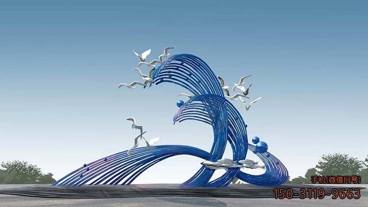 不锈钢海浪海鸥雕塑广场景观雕塑