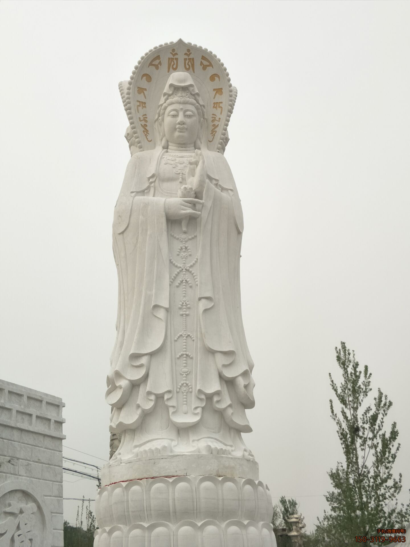 观音菩萨石雕汉白玉大型三面观音佛像雕塑