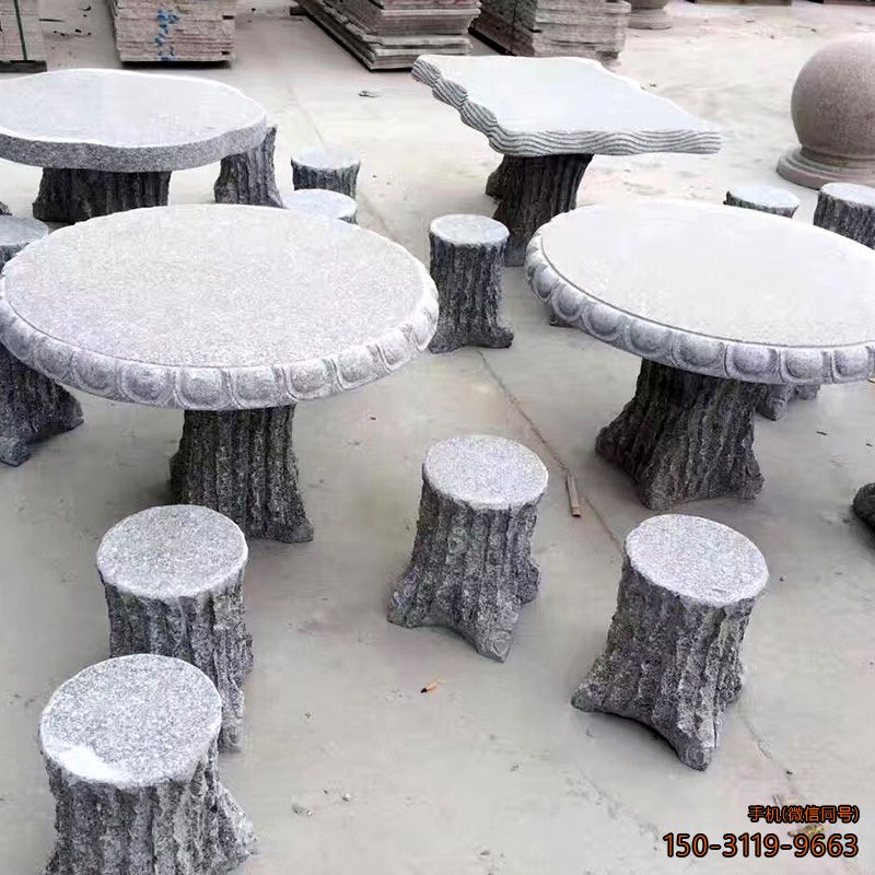 花岗岩方木桩圆桌凳雕塑