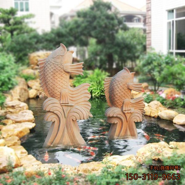 石雕喷水鱼_公园景区晚霞红动物喷泉雕塑