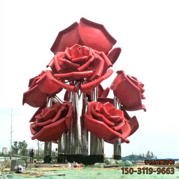 大型不锈钢玫瑰花景观雕塑