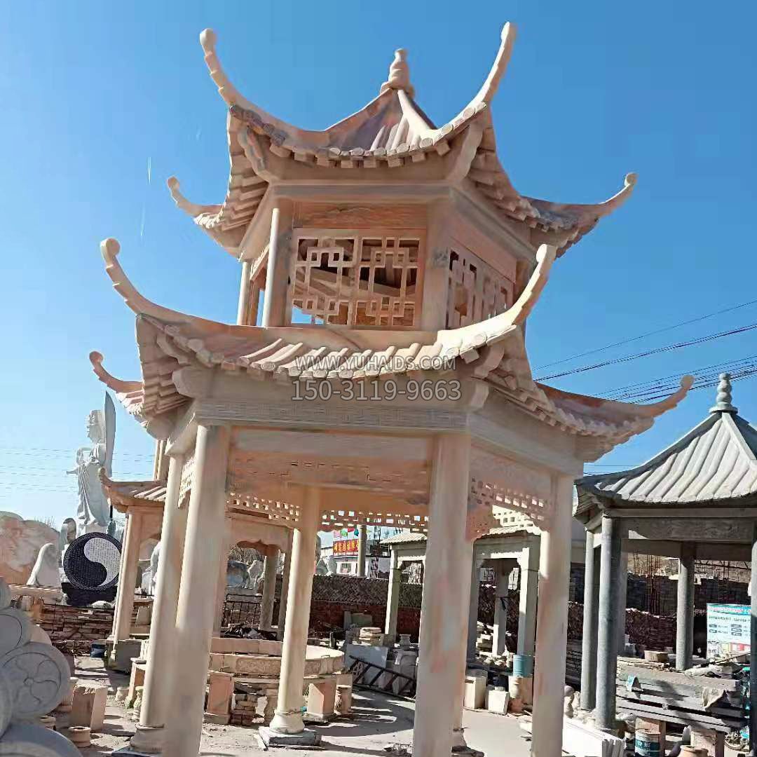 双层红色石亭子雕塑