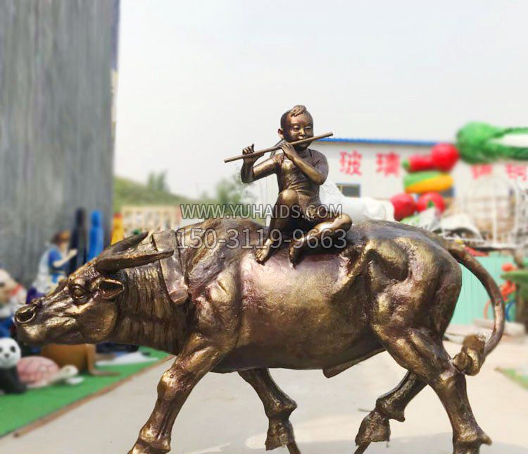 广场铜雕牧童吹笛动物雕塑