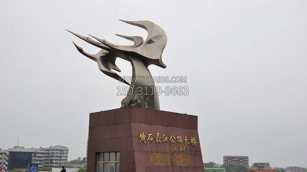 城市不锈钢海鸥和海浪雕塑