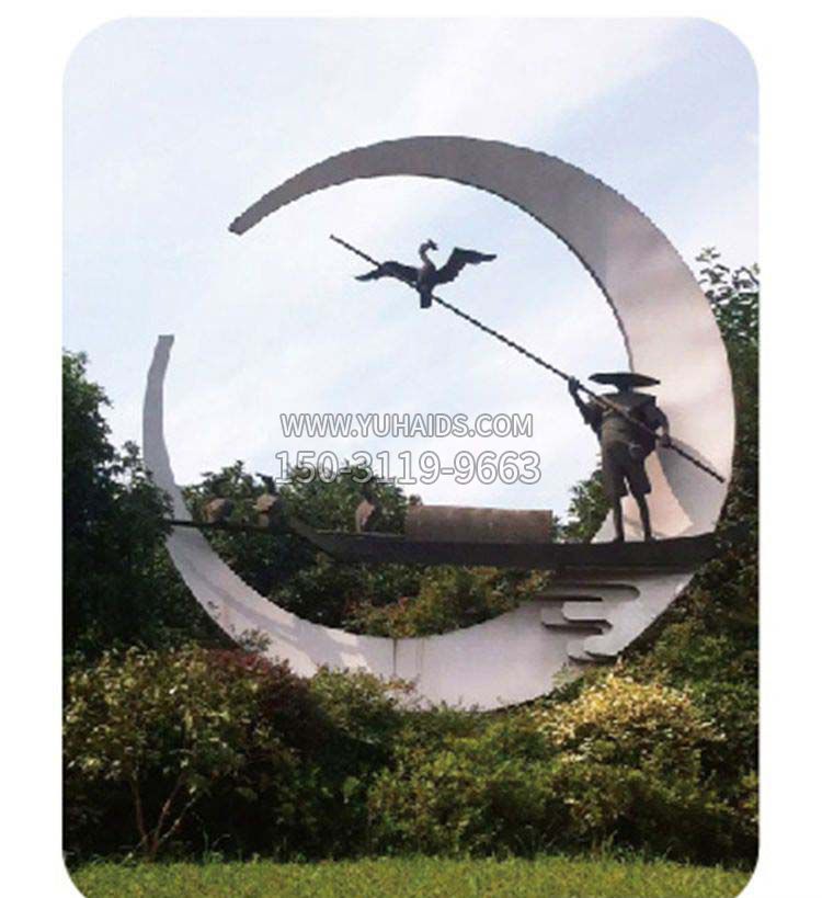 公园不锈钢鸬鹚和渔翁景观雕塑