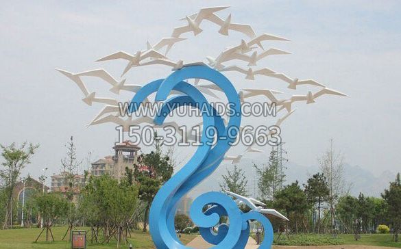 不锈钢抽象海浪和海鸥雕塑