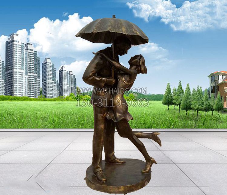 公园打伞接吻的情侣铜雕雕塑