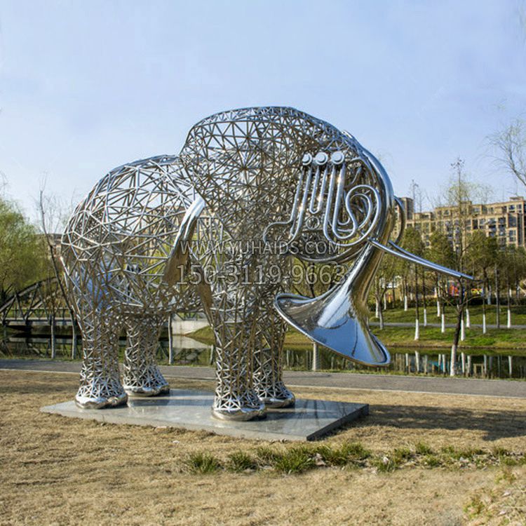 不锈钢大象吹唢呐雕塑-公园园林创意动物雕塑景观