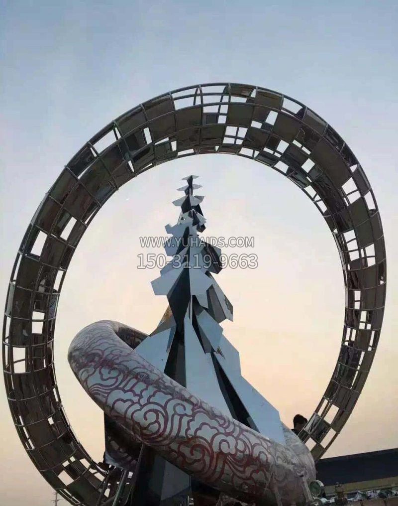 不锈钢广场抽象祥云和松树雕塑
