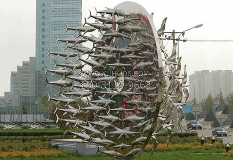 不锈钢鱼群和鸟雕塑