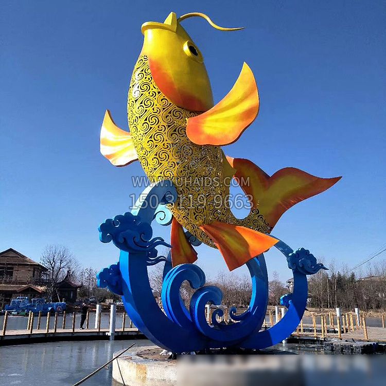 彩绘不锈钢鱼跃雕塑-大型水景喷泉动物雕塑