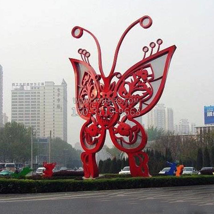 城市园林道路绿化带大型红色蝴蝶不锈钢雕塑景观