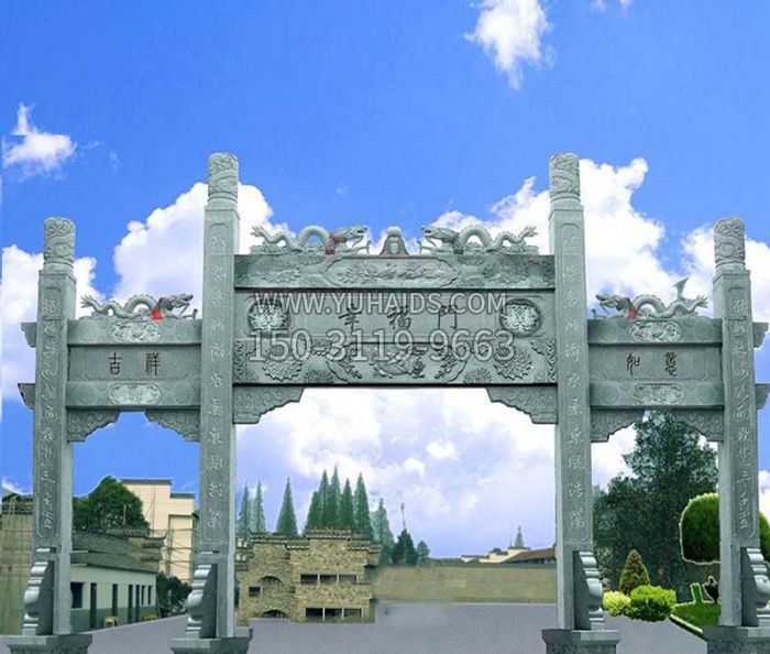 村庄三门石雕牌坊雕塑