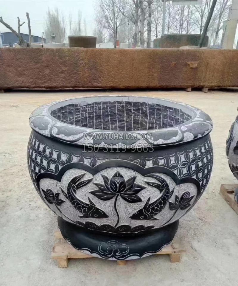 仿古石雕荷花鲤鱼水缸雕塑