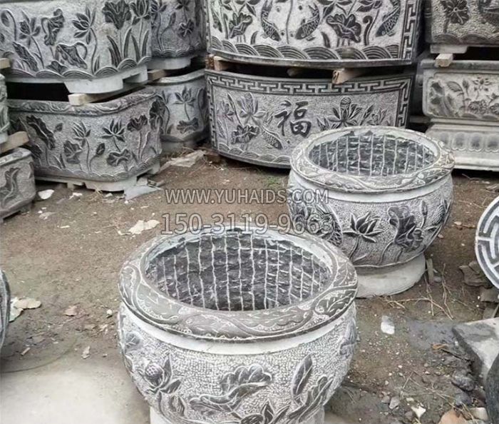 仿古荷花石浮雕水缸雕塑