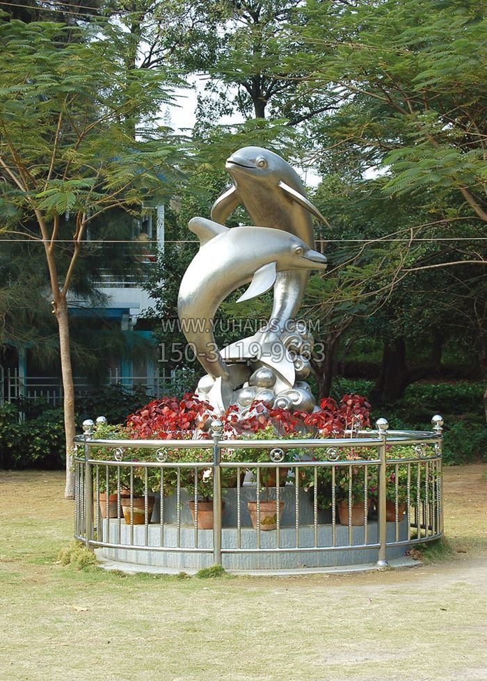 公园不锈钢踏浪海豚雕塑