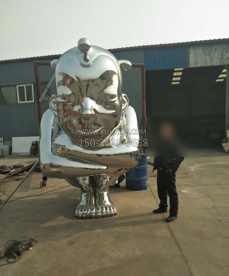 公园不锈钢大型蹲着的儿童雕塑