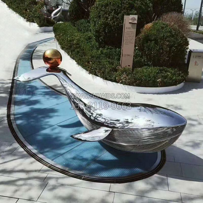 公园大型鲸鱼景观雕塑摆件-不锈钢镜面动物雕塑