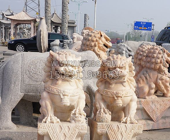 公园动物晚霞红狮子石雕雕塑