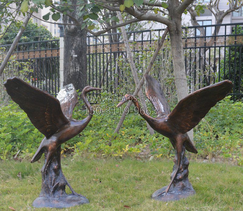 公园仙鹤景观玻璃钢仿铜摆件雕塑