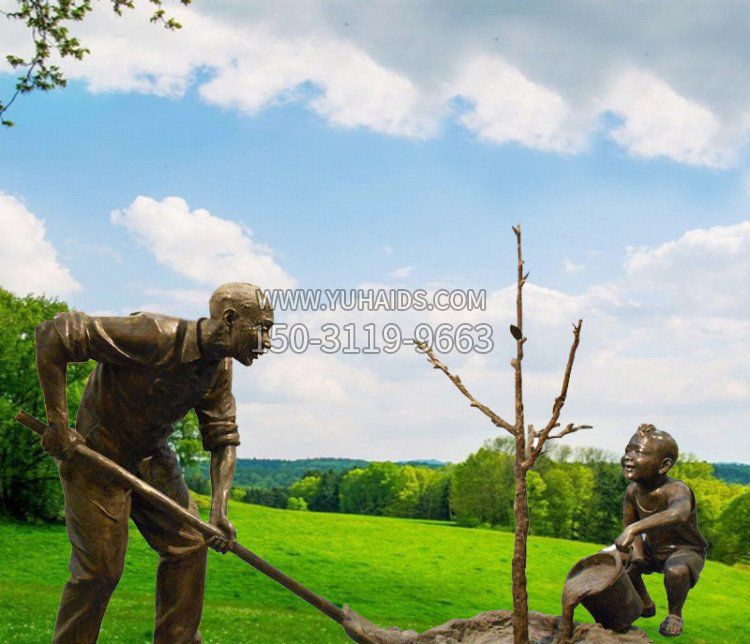 公园种树的父子铜雕雕塑