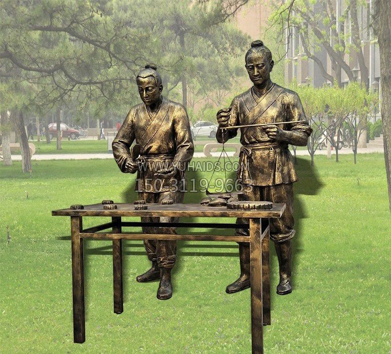 古代人物制作月饼铜雕雕塑