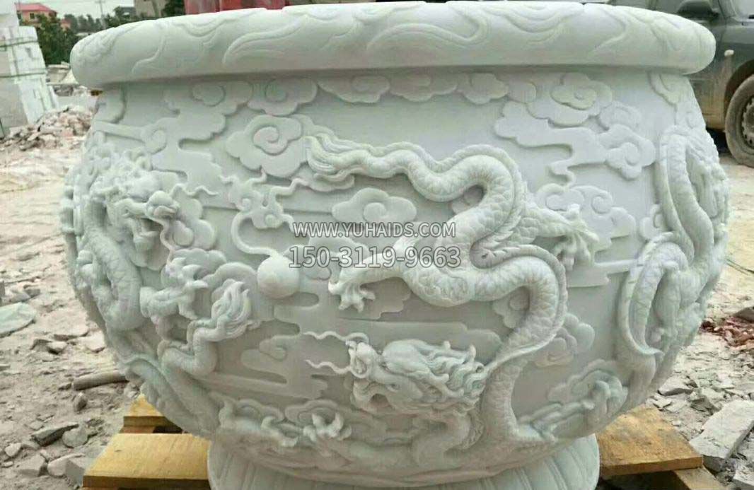 汉白玉龙浮雕水缸雕塑