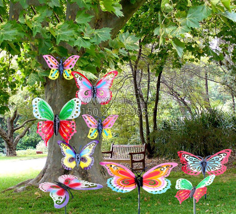 户外园林铁艺蝴蝶插挂件,小区花园仿真昆虫雕塑摆件