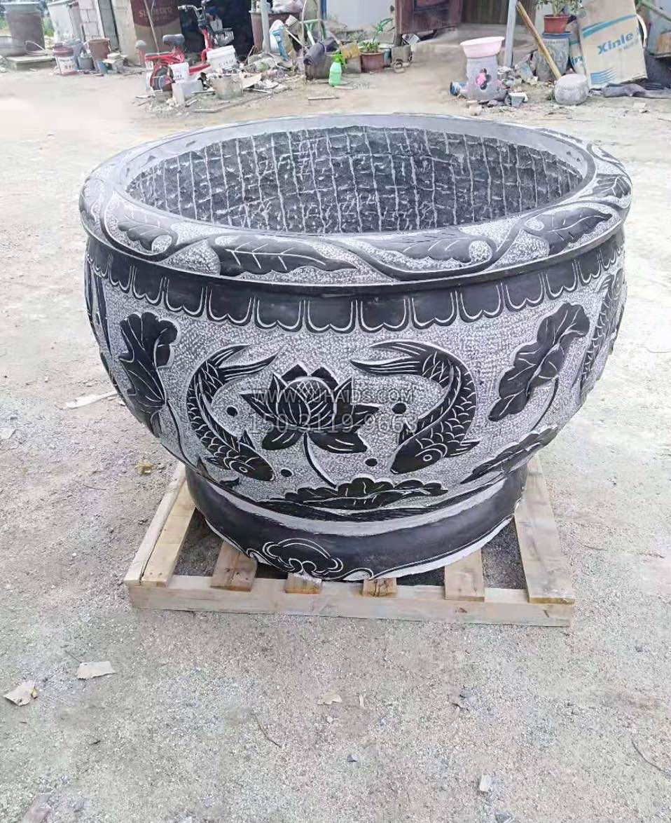 荷花鲤鱼浮雕石头水缸鱼缸雕塑