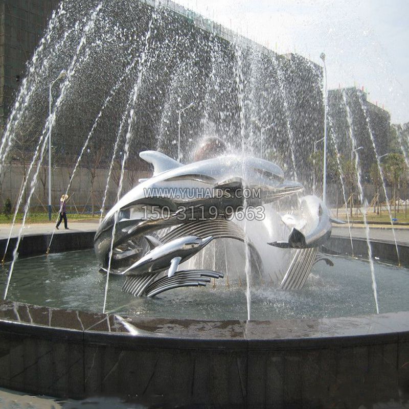 镜面不锈钢海豚喷泉睡觉动物雕塑