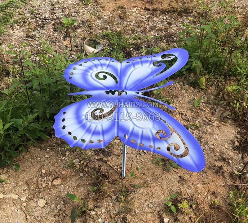 蓝紫色不锈钢蝴蝶草丛动物插件雕塑