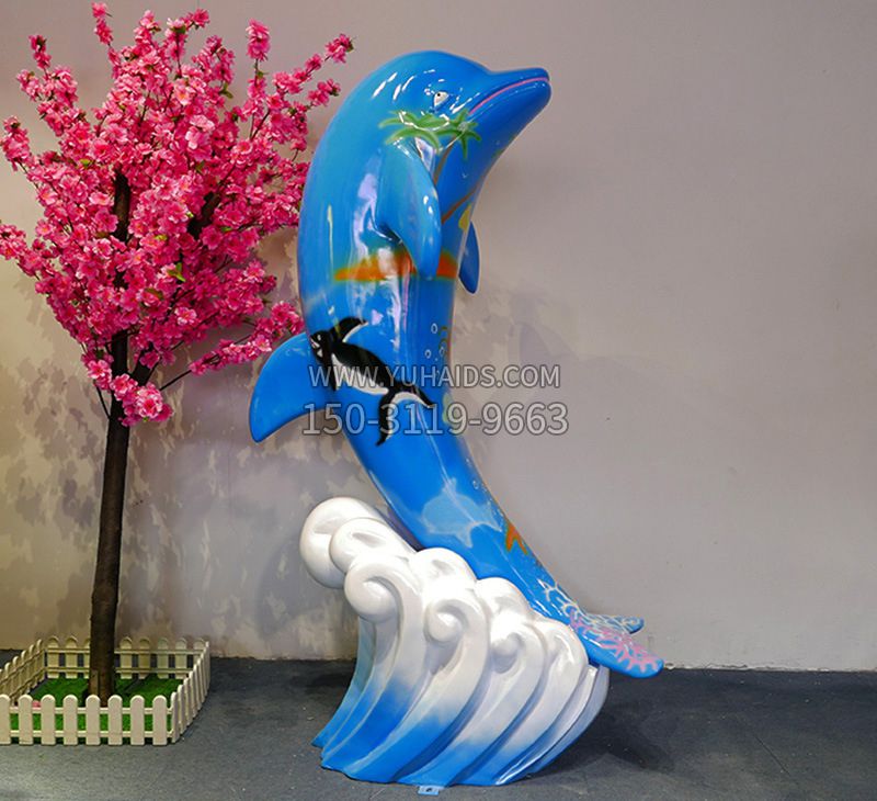 蓝色彩绘海豚雕塑，景区公园园林动物景观