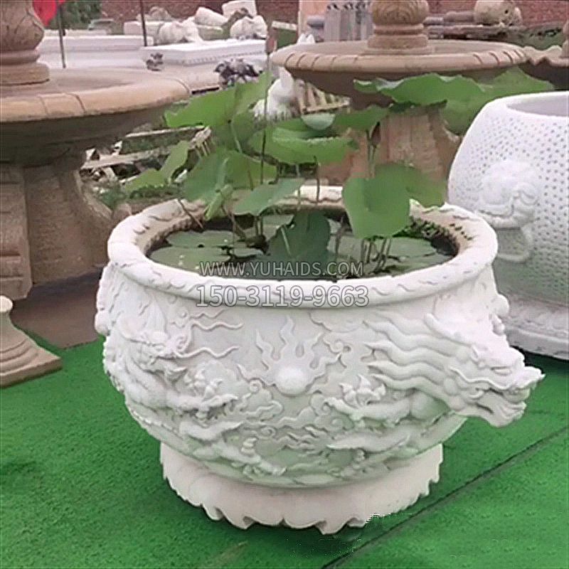 龙形汉白玉石雕水缸雕塑