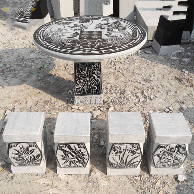 梅兰竹菊仿古方石桌凳雕塑