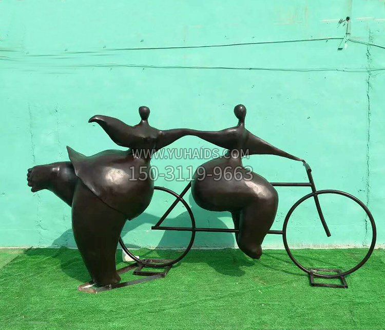 骑车公园抽象人物铜雕塑