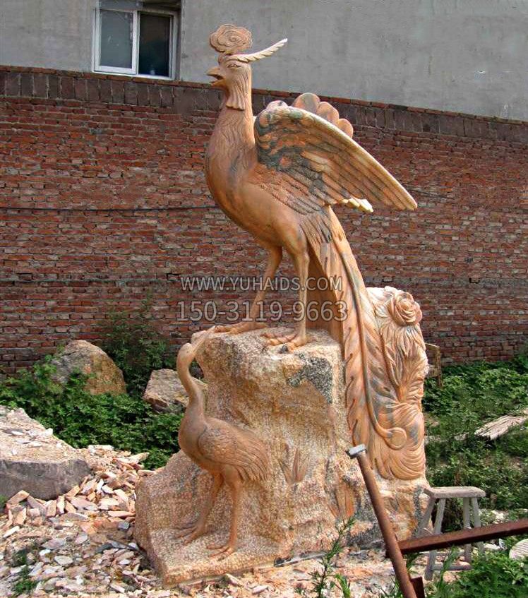 瑞鸟凤凰石雕,晚霞红吉祥神兽动物景观雕塑