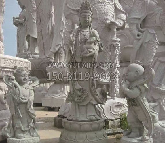 石雕送子观音善财童子和龙女雕塑
