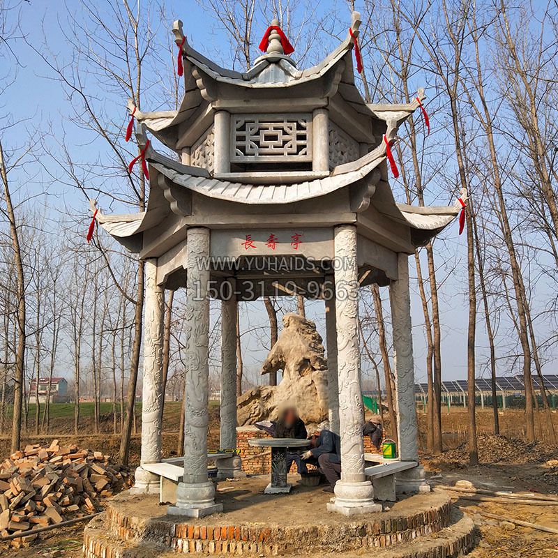 双层六角石凉亭雕塑