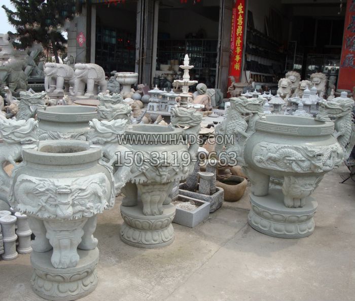 寺庙景观龙头石雕水缸雕塑