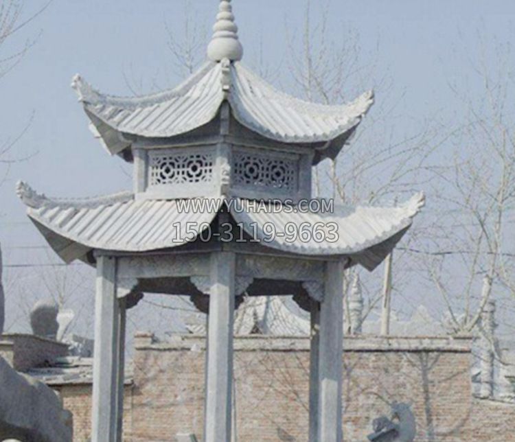 双层仿古六角凉亭石雕雕塑