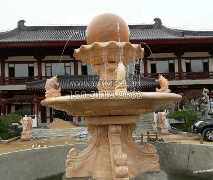 双层风水球喷泉晚霞红石雕雕塑
