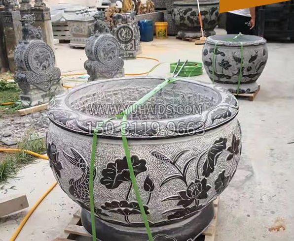庭院荷花石浮雕水缸景观石雕雕塑