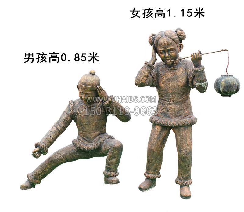 铜雕放鞭炮的儿童童趣雕塑