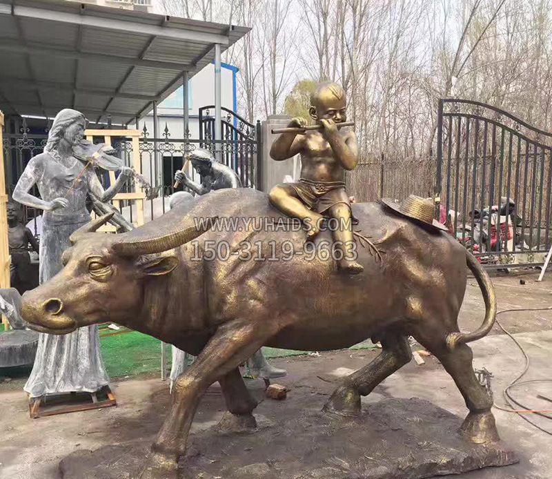 铜雕户外牧童骑牛雕塑