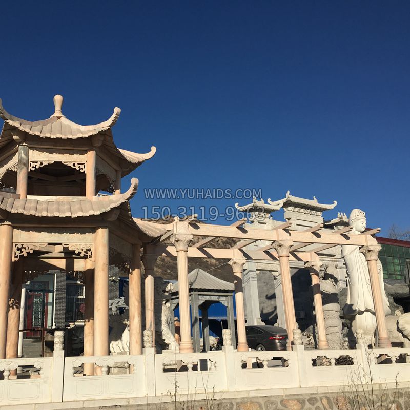 晚霞红石雕凉亭花架雕塑
